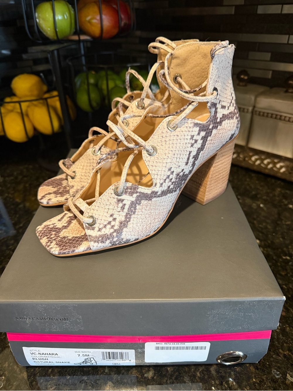 Vince Camuto Snake-Print Lace-Up Block Heel Sandals - Beige/Tan